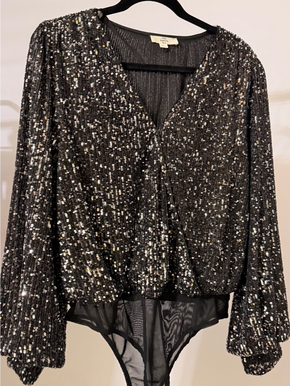 entro Black Sequin Surplice Bodysuit Top